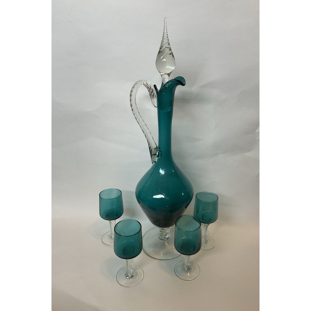 Empoli Hand Blown ITALIAN Teal Green Decanter & 4Glass Set‎  – 15,5"Tall